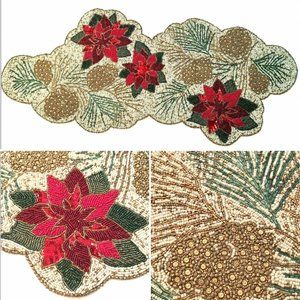 Cynthia Rowley Christmas Beaded Pinecone Poinsettia Table Runner Centerpiece